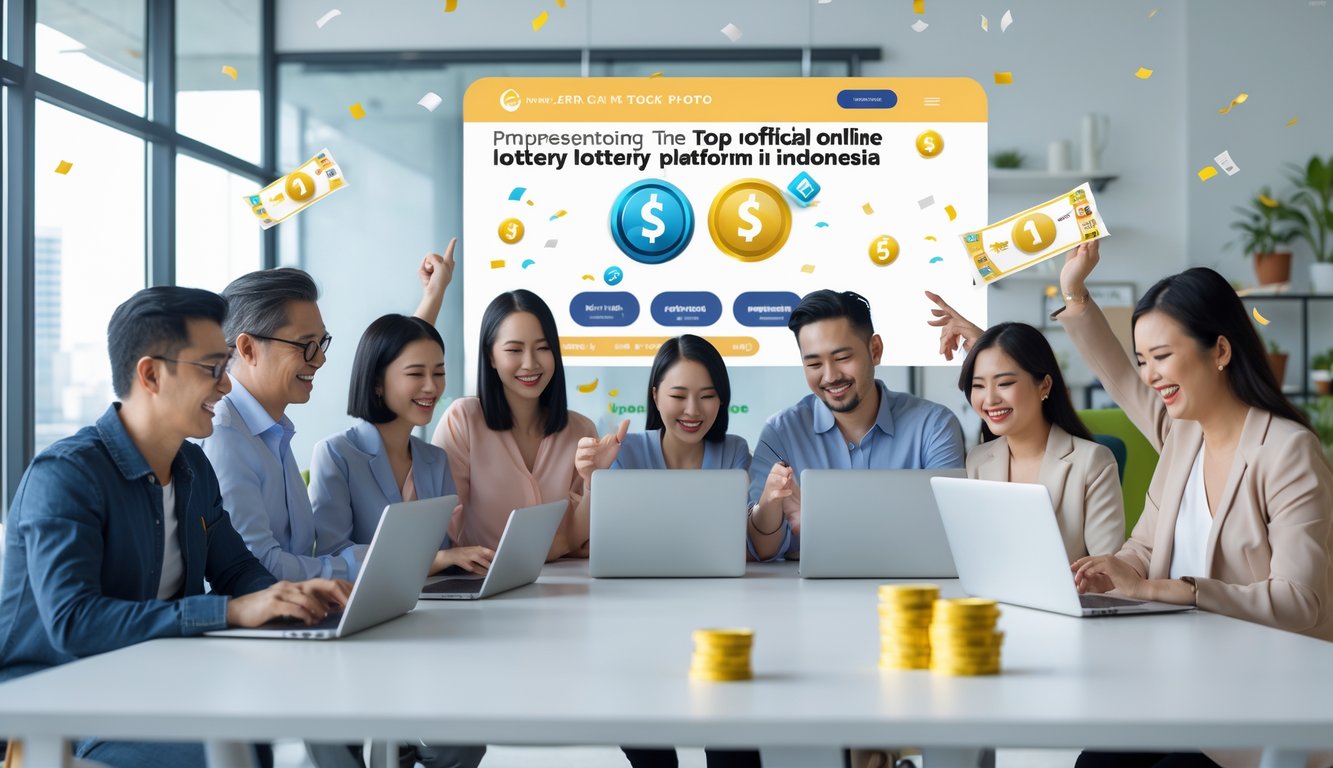 Sekelompok orang menggunakan laptop dan ponsel di ruang kerja modern dengan suasana ceria dan elemen digital yang menunjukkan konsep permainan lotre online.