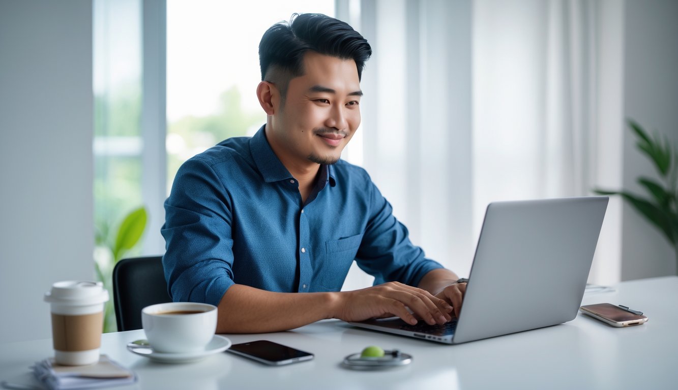 Seorang pria Asia Tenggara menggunakan laptop di ruang kerja rumah yang terang dan rapi.