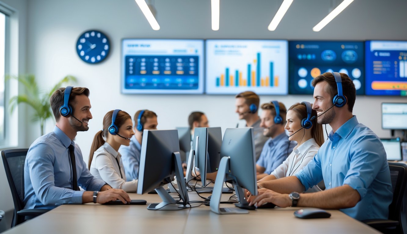 Tim layanan pelanggan yang ramah sedang bekerja di pusat layanan dengan komputer dan headset, menunjukkan dukungan 24 jam untuk situs togel online.