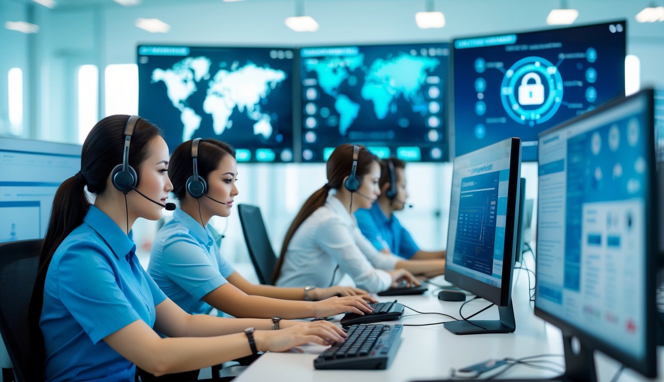 Seorang tim layanan pelanggan sedang bekerja di kantor modern dengan komputer dan headset, memberikan bantuan untuk layanan togel online.