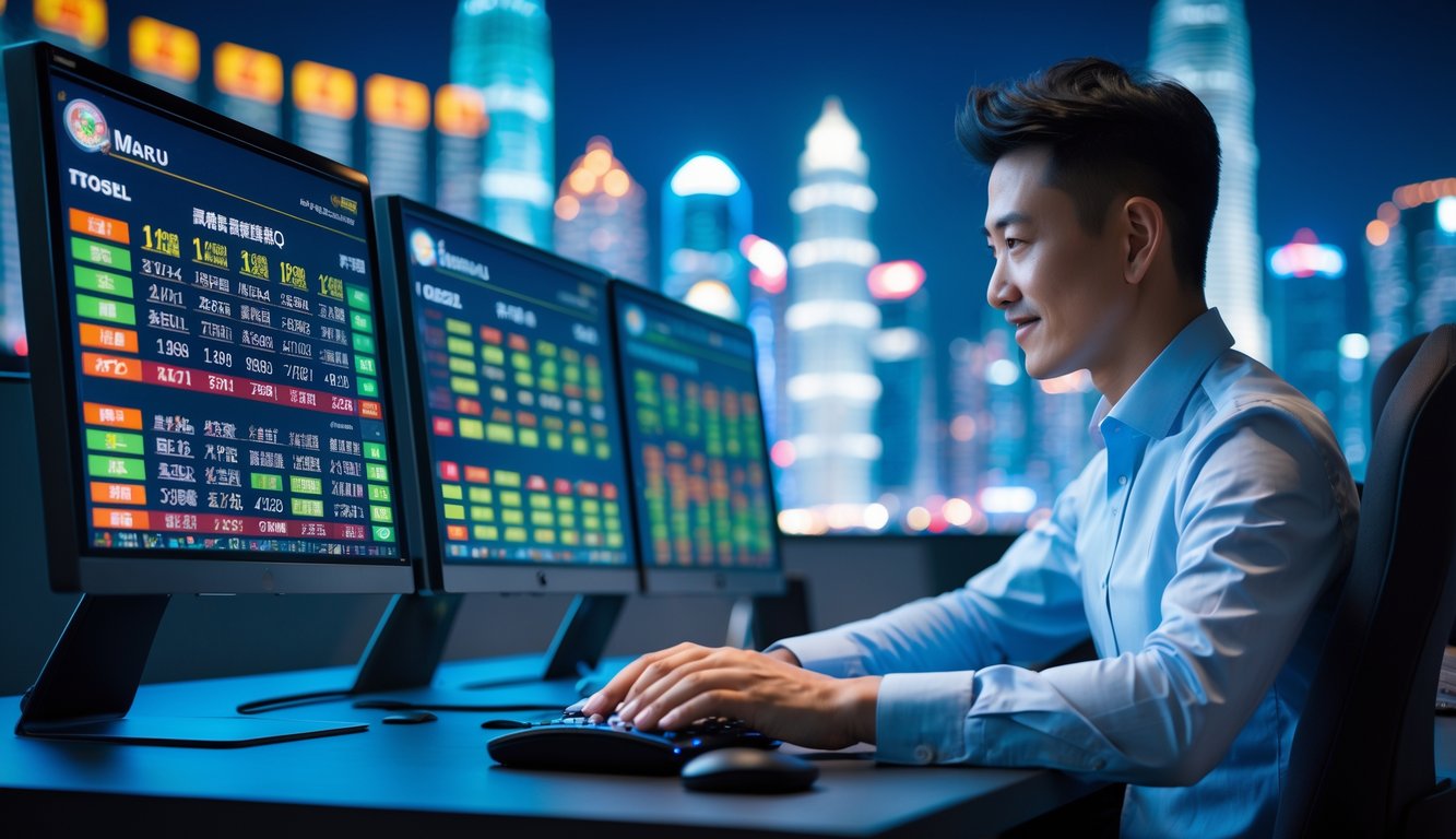 Seseorang menggunakan komputer dengan beberapa layar menampilkan grafik dan angka terkait pasar togel Macau, Singapura, dan Hongkong, dengan latar belakang pemandangan kota Asia di malam hari.