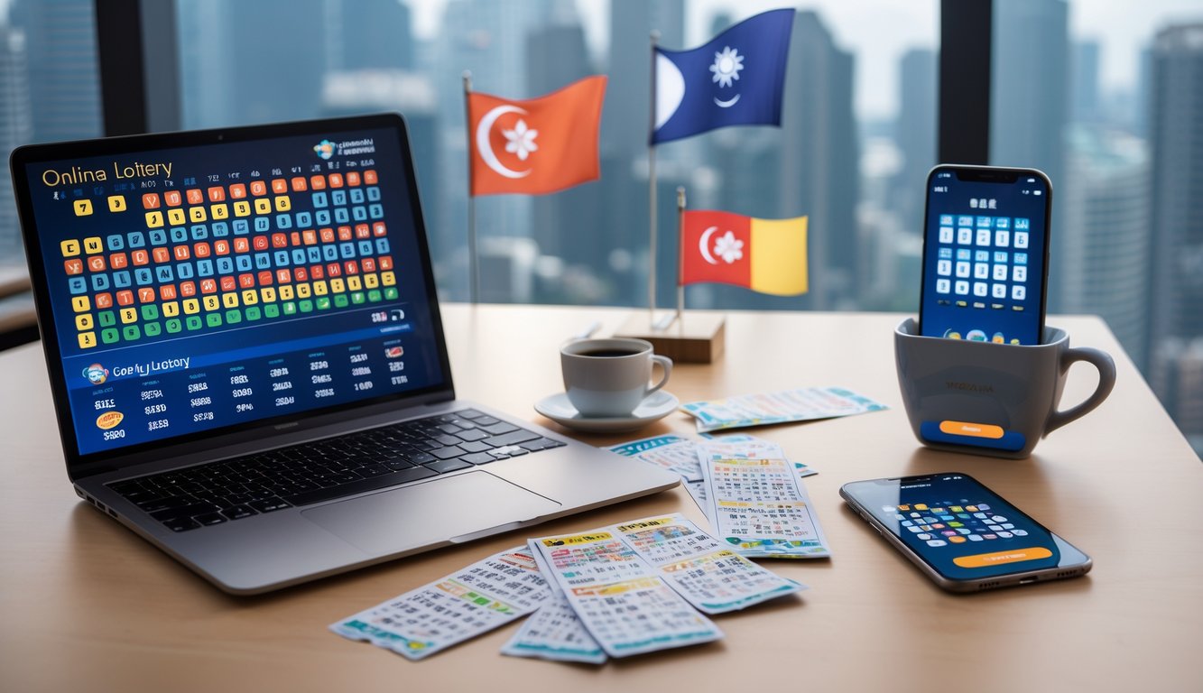 Meja kerja modern dengan laptop yang menampilkan angka togel, tiket togel, dan ponsel dengan aplikasi togel, dikelilingi oleh simbol kecil yang mewakili pasar Macau, Singapura, dan Hongkong.