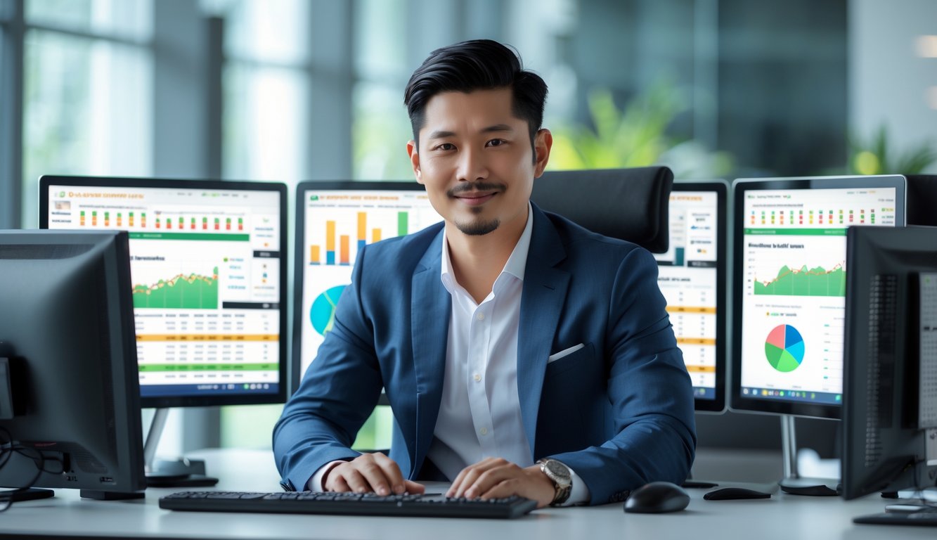 Seorang pria Asia Tenggara duduk di meja kantor modern dengan beberapa layar komputer yang menampilkan grafik dan data, tersenyum percaya diri.