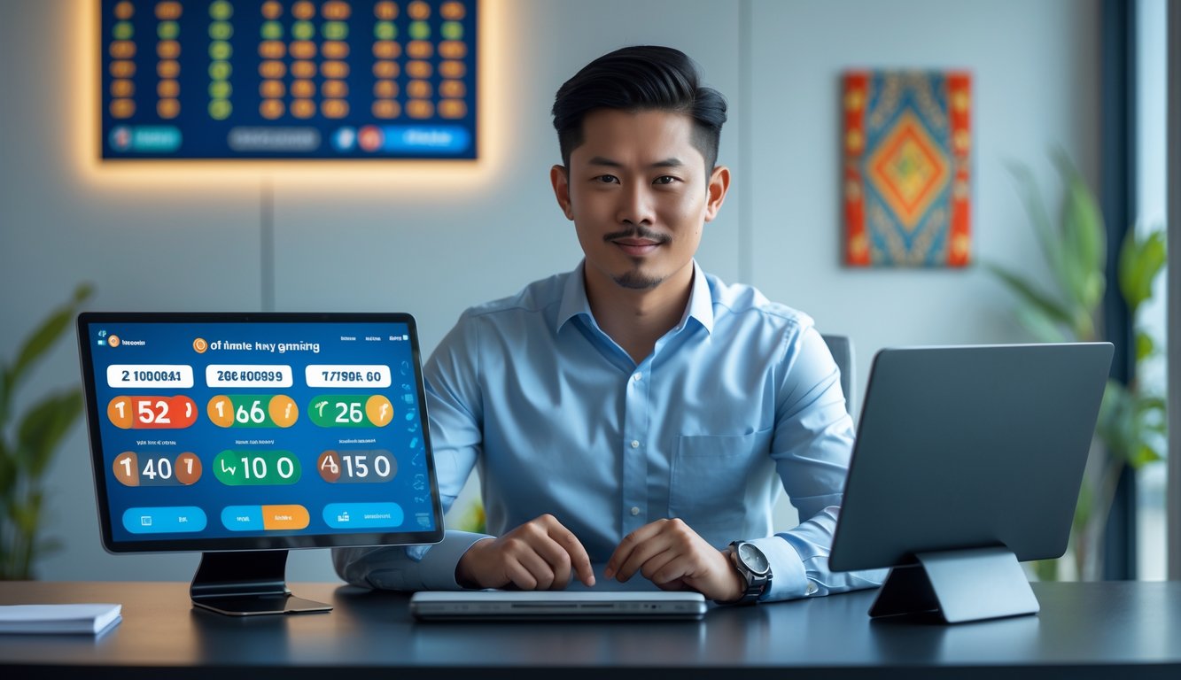 Seorang pria Asia Tenggara duduk di meja modern dengan perangkat digital yang menampilkan grafik dan angka lotere, di ruang kantor yang rapi dan terang.