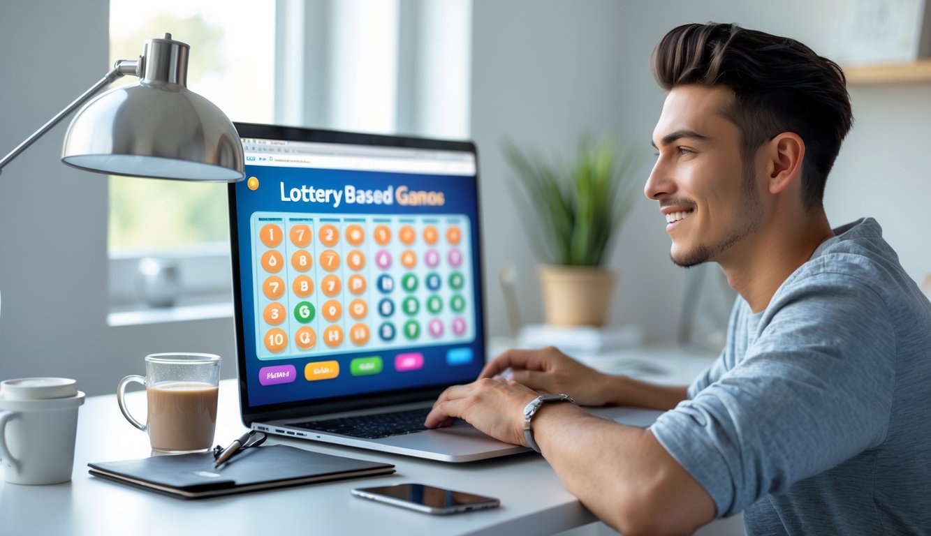 Seorang pria muda duduk di meja dengan laptop, tampak fokus dan antusias bermain permainan angka di situs togel online resmi.