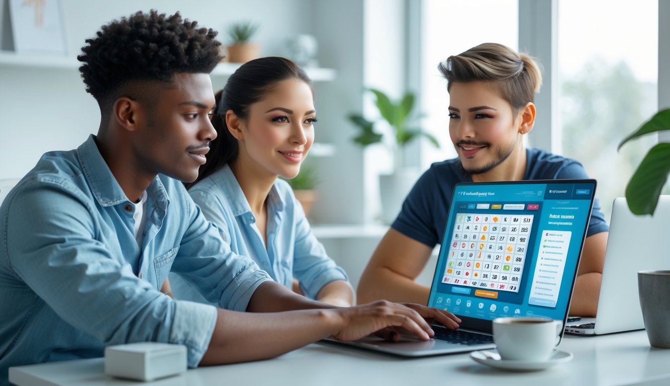 Dua orang muda sedang duduk di meja dengan laptop, fokus melihat layar komputer di ruang kerja rumah yang terang dan rapi.