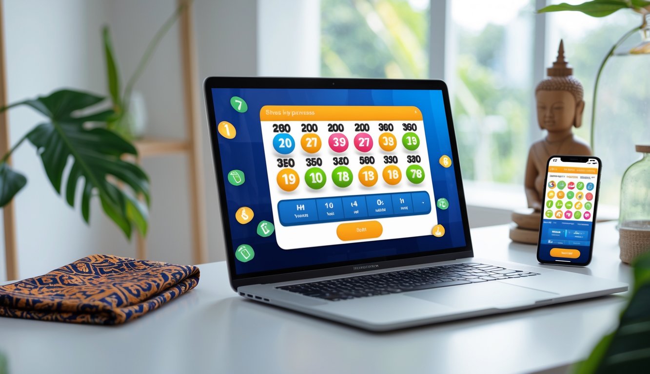 Sebuah meja kerja modern dengan laptop dan ponsel yang menampilkan aplikasi lotere digital, dikelilingi elemen budaya Indonesia.