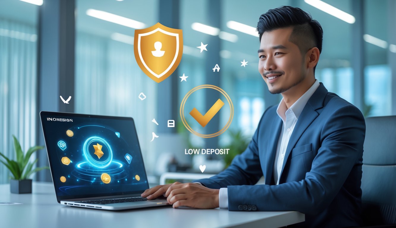 Seorang pria Asia Tenggara duduk di meja modern dengan laptop di kantor yang terang, menunjukkan suasana profesional dan terpercaya.