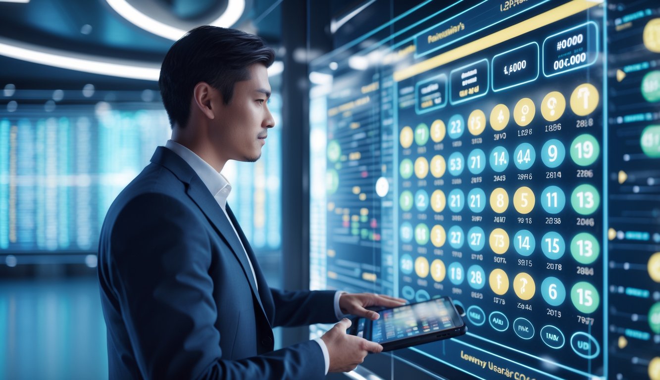 Seorang profesional menggunakan layar sentuh transparan dengan angka lotere dan grafik di latar belakang teknologi futuristik.