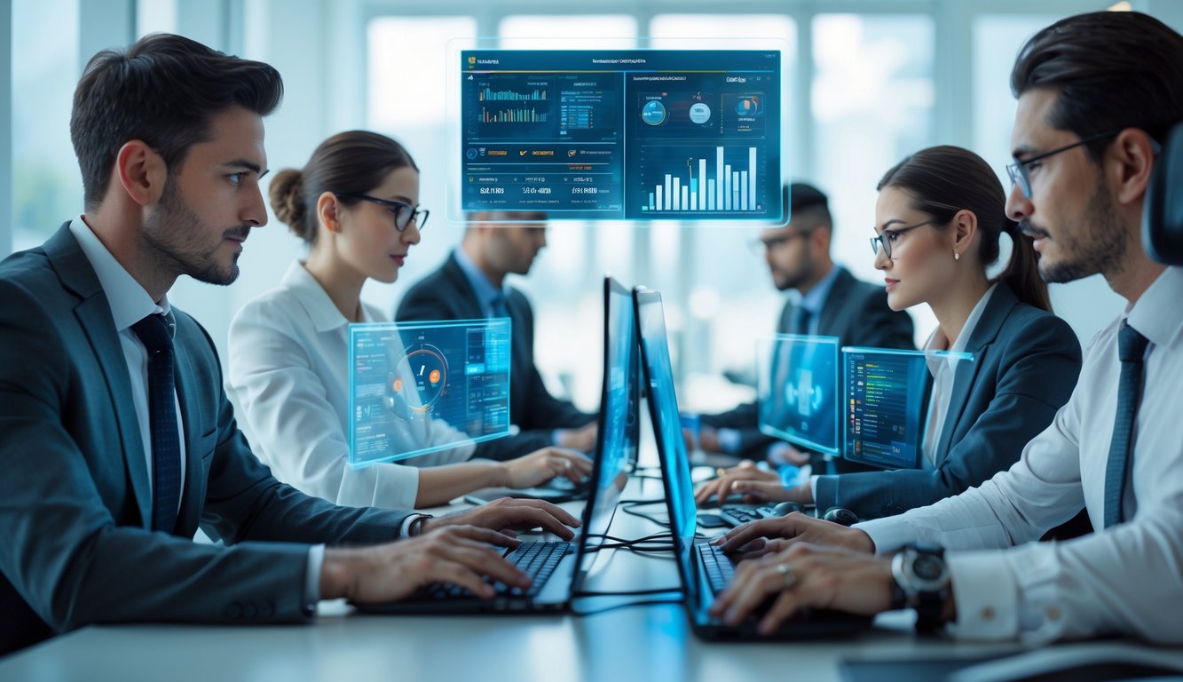 Sekelompok profesional sedang bekerja bersama di kantor modern dengan layar digital menampilkan data dan grafik permainan.