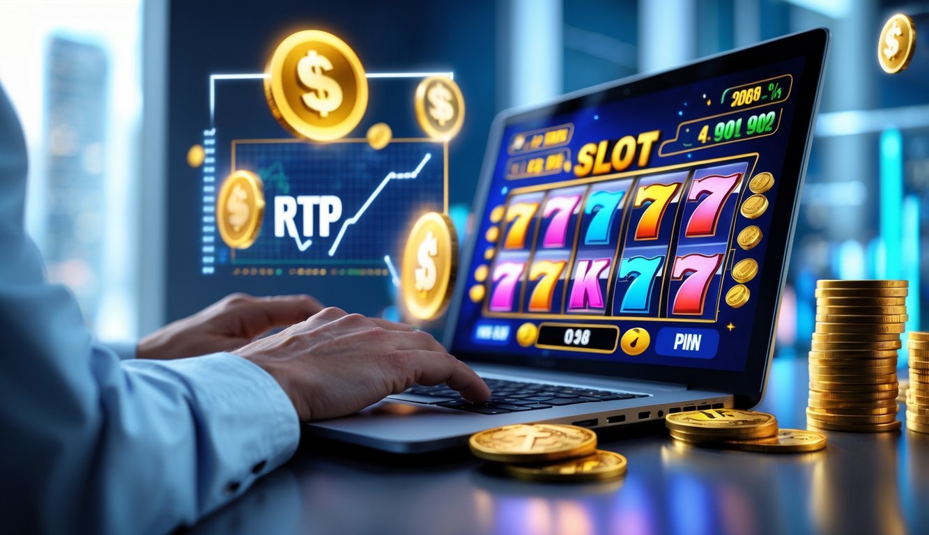 Seorang pengguna laptop sedang bermain permainan slot online dengan grafik dan simbol kemenangan di layar komputer.