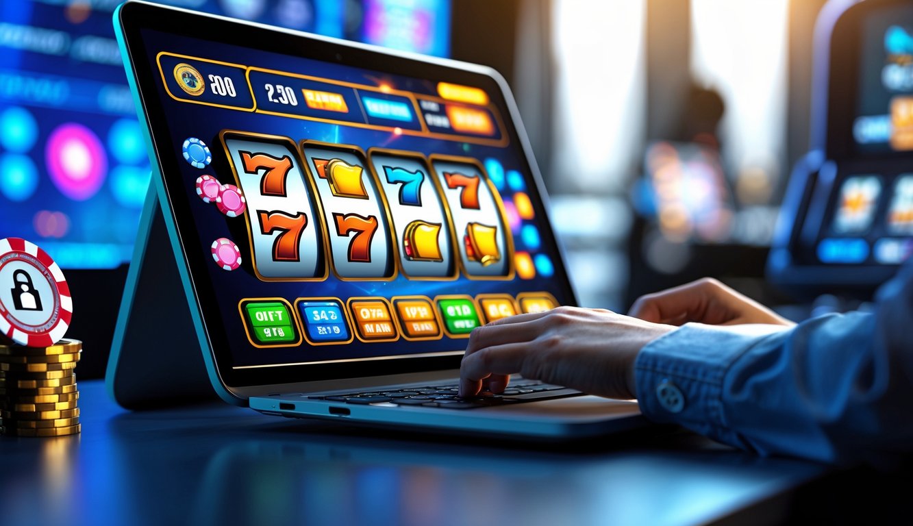 Seseorang bermain mesin slot online di komputer dengan tampilan grafis permainan yang cerah dan menarik.