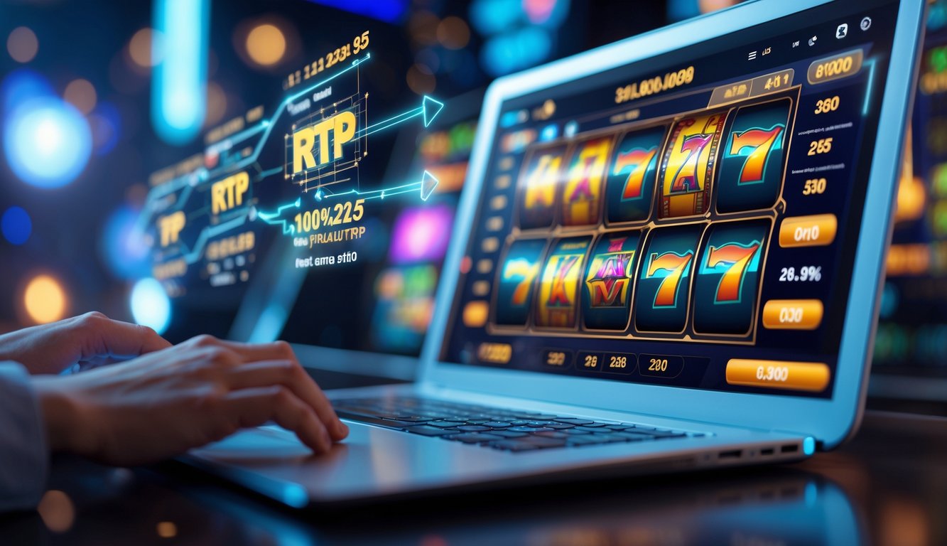 Tampilan dekat layar komputer yang menampilkan permainan slot online dengan grafik berwarna-warni dan indikator data real-time di latar belakang.
