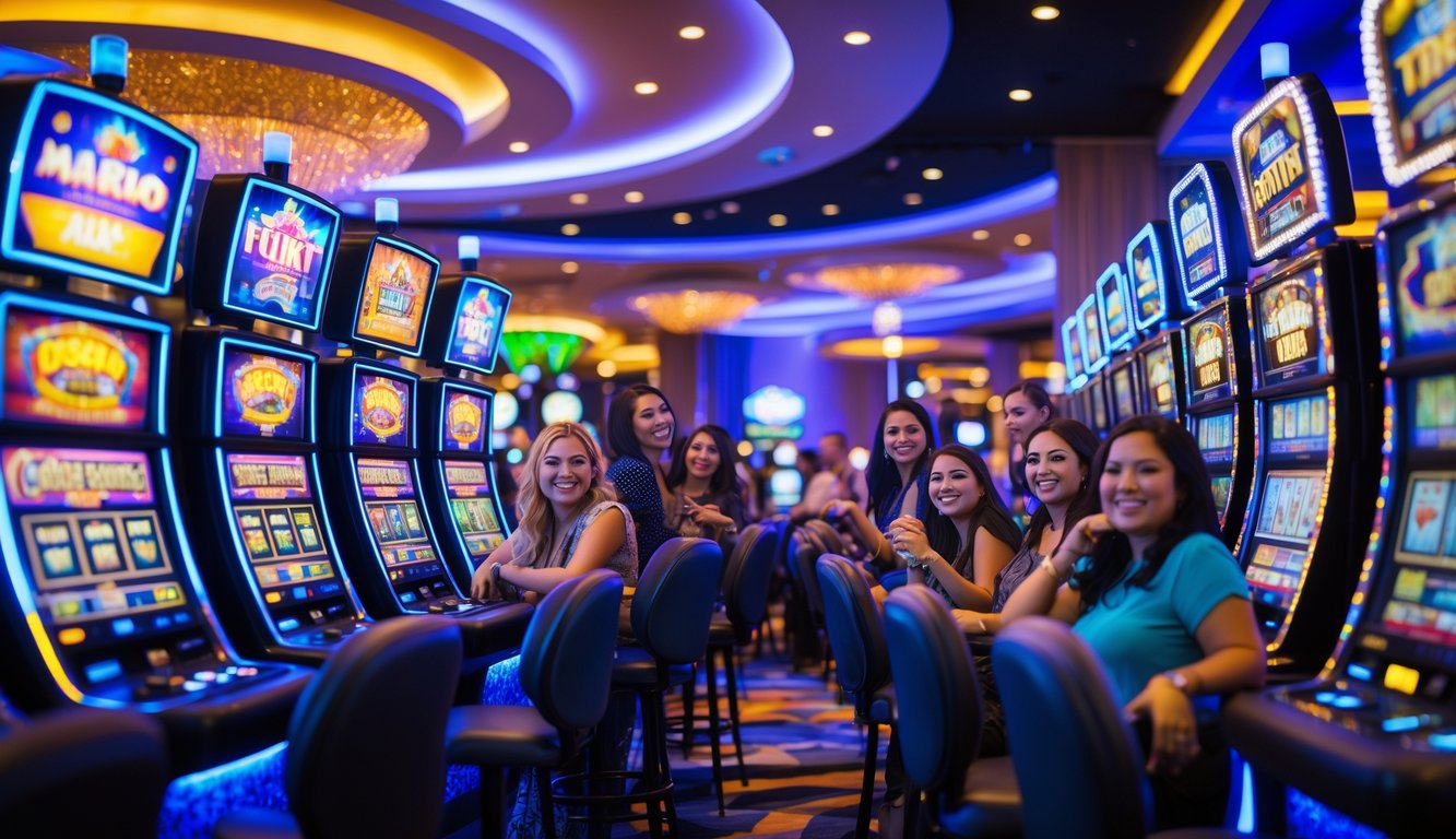 Area kasino dengan mesin slot berwarna-warni dan pemain yang terlihat senang sedang bermain.