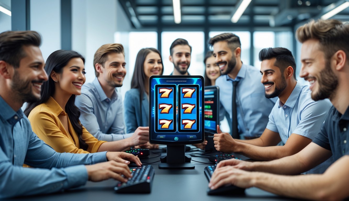 Sekelompok orang beragam sedang berkumpul di sekitar perangkat permainan digital dengan layar menampilkan grafik mesin slot yang cerah, di dalam ruang kantor modern yang terang dan nyaman.