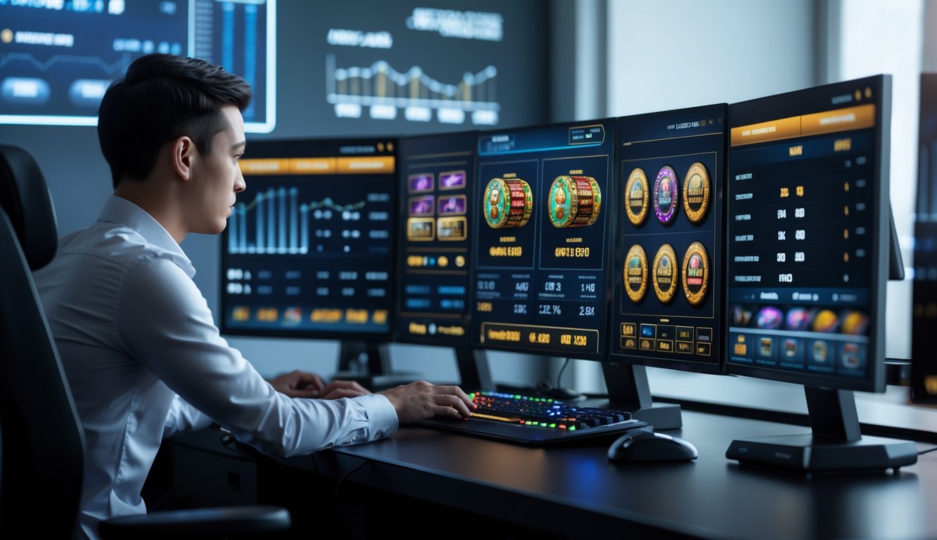 Seseorang sedang menggunakan komputer dengan beberapa layar yang menampilkan data permainan slot dan statistik RTP secara langsung.