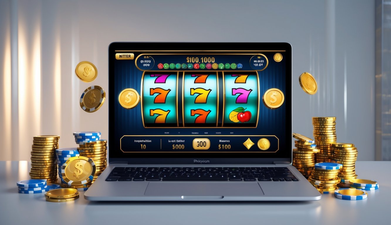 Sebuah komputer menampilkan permainan mesin slot dengan gulungan berwarna-warni dan tumpukan chip poker serta koin emas di sekitarnya.