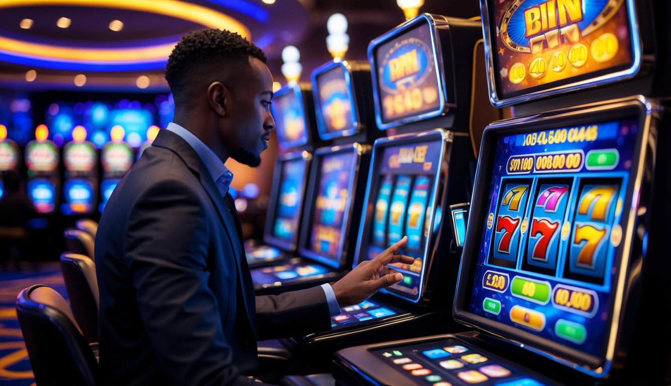 Seorang pria di depan mesin slot digital di kasino modern dengan lampu terang dan suasana yang dinamis.