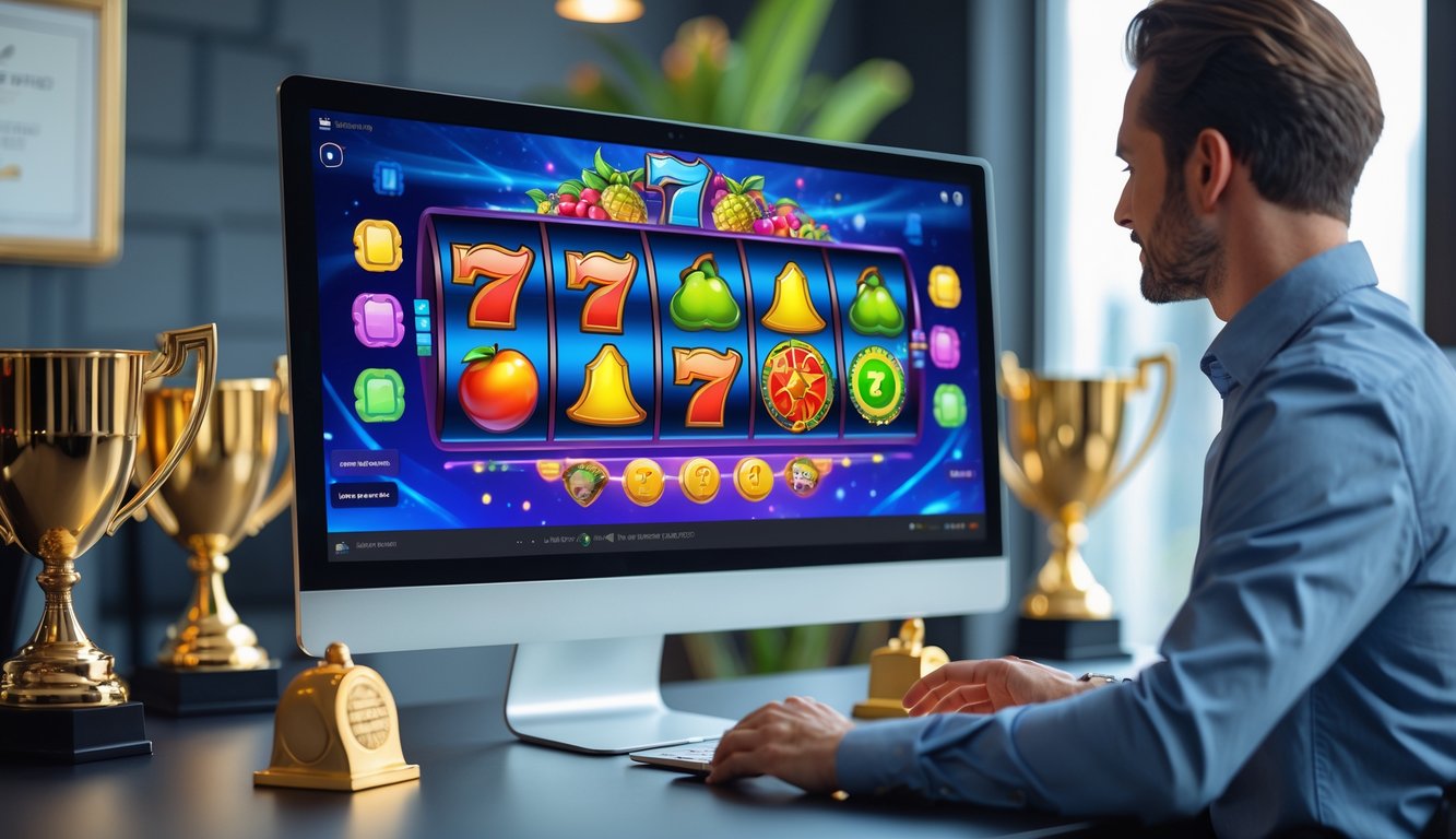 Seorang profesional sedang menggunakan komputer dengan tampilan permainan slot berwarna-warni di layar di sebuah kantor modern.