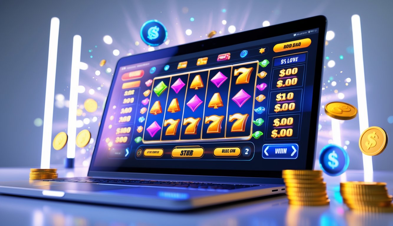 Tampilan layar komputer dengan permainan slot online berwarna cerah dan simbol jackpot, dikelilingi oleh koin virtual dan efek cahaya.
