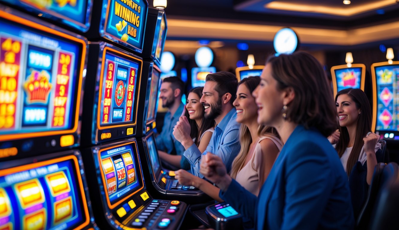 Area kasino dengan beberapa mesin slot yang menyala dan orang-orang yang sedang bermain serta merayakan kemenangan kecil.
