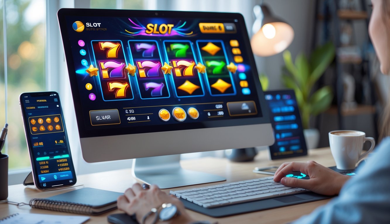 Seorang pengguna sedang bermain permainan slot online di komputer di ruang kerja dengan layar menampilkan gulungan slot berwarna-warni dan tangan yang aktif menggunakan mouse dan keyboard.