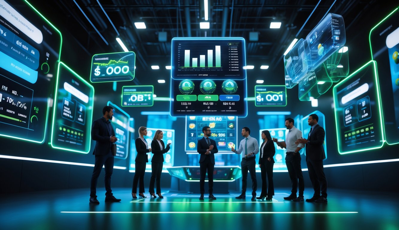 Orang-orang profesional sedang menganalisis data slot online dengan layar digital dan grafik di sebuah ruang teknologi modern.