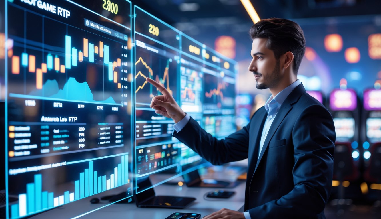 Seorang profesional menggunakan layar digital transparan dengan grafik dan data waktu nyata di ruang kerja modern, dengan latar belakang mesin slot yang samar.