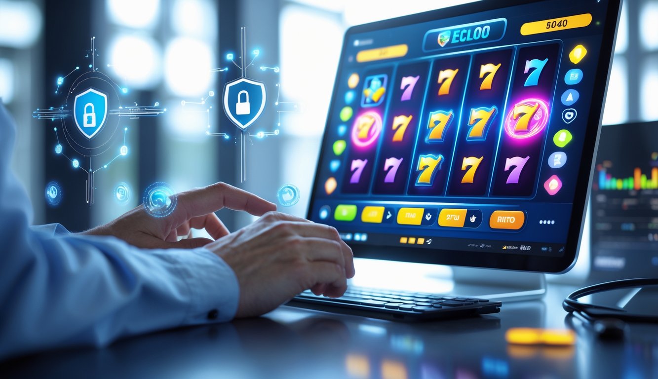 Seseorang menggunakan perangkat digital dengan tampilan permainan slot yang berwarna-warni, dikelilingi simbol keamanan seperti gembok dan perisai.