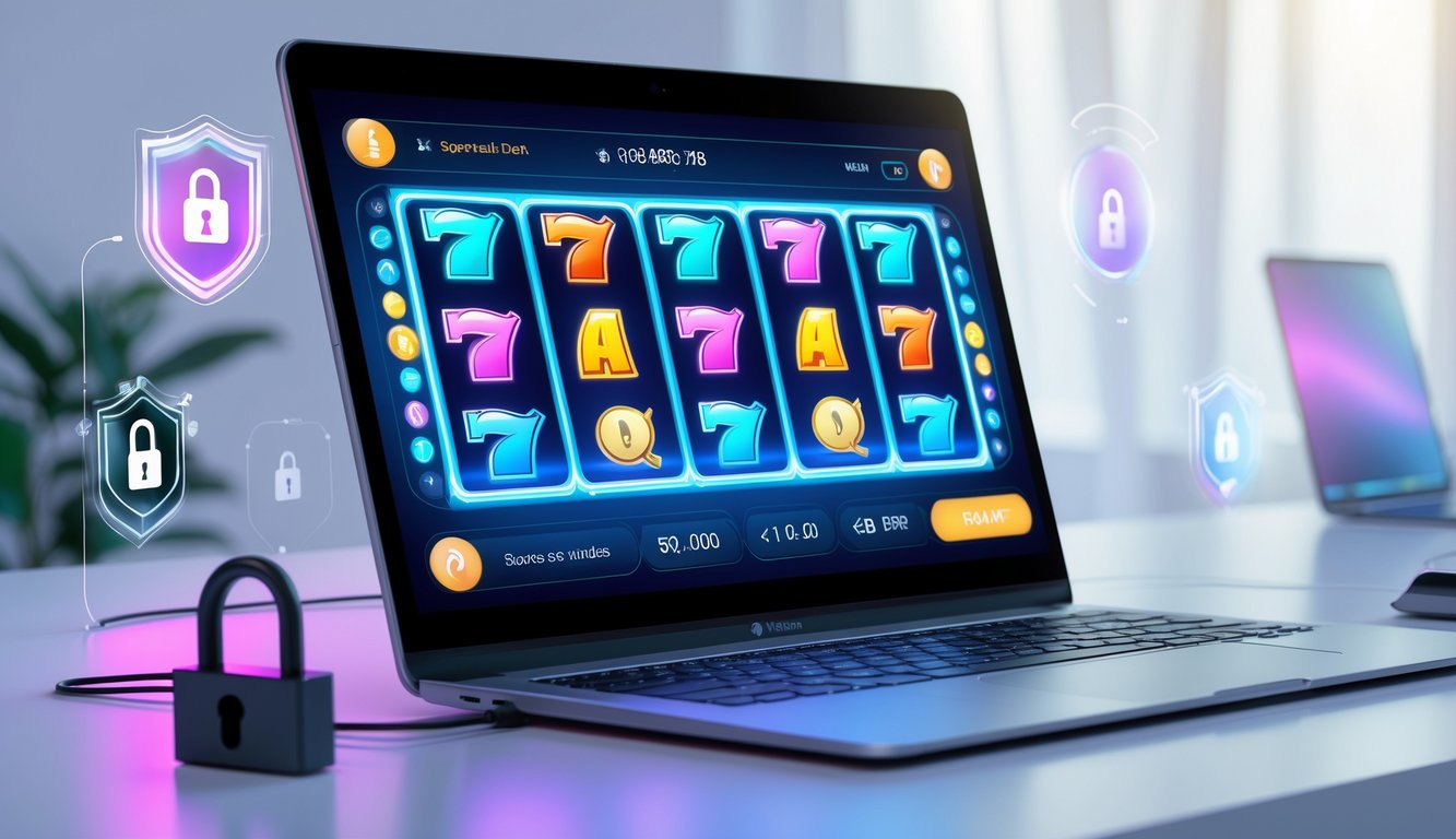 Seorang pengguna sedang bermain mesin slot online di komputer dengan latar belakang yang bersih dan simbol keamanan digital.