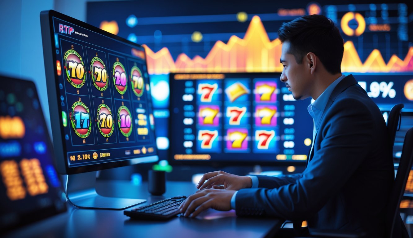 Seseorang sedang melihat layar komputer yang menampilkan grafik dan permainan slot dengan suasana kerja yang modern dan terang.