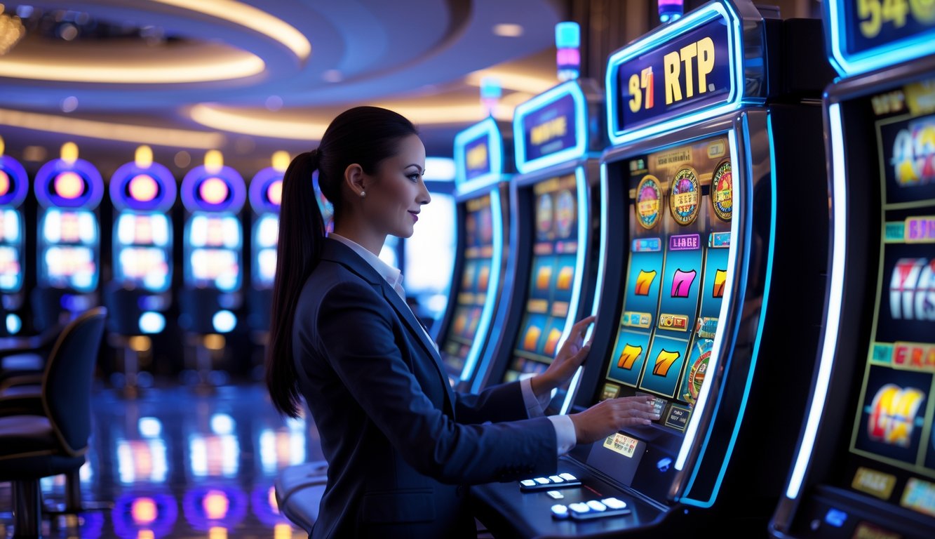 Seseorang berbusana kasual bisnis sedang menggunakan mesin slot modern di dalam kasino dengan pencahayaan lembut dan layar digital di latar belakang.