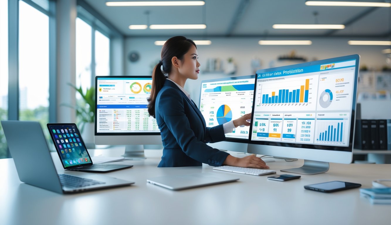 Seorang wanita profesional sedang menganalisis data di kantor modern dengan beberapa layar komputer yang menampilkan grafik dan angka terkait prediksi togel.