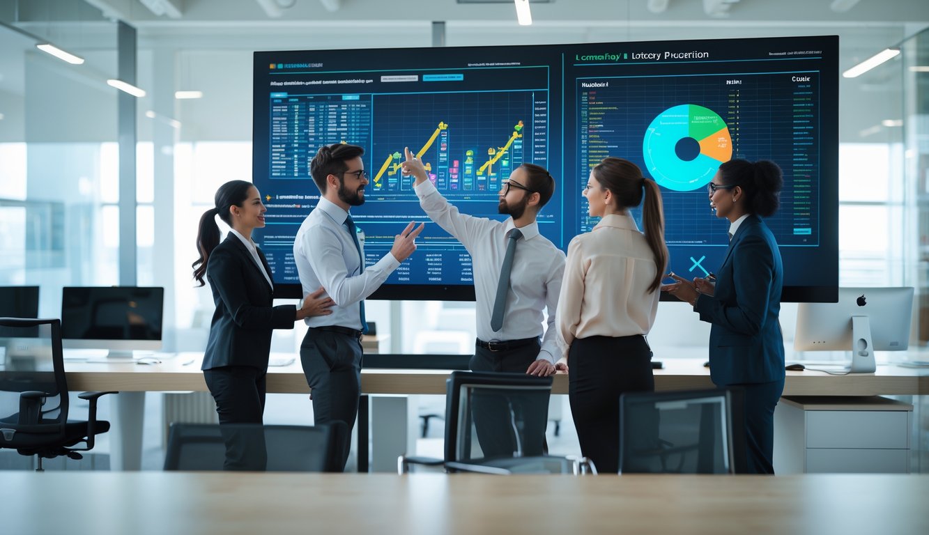 Sekelompok profesional sedang bekerja bersama di kantor modern dengan layar digital menampilkan grafik dan data prediksi.