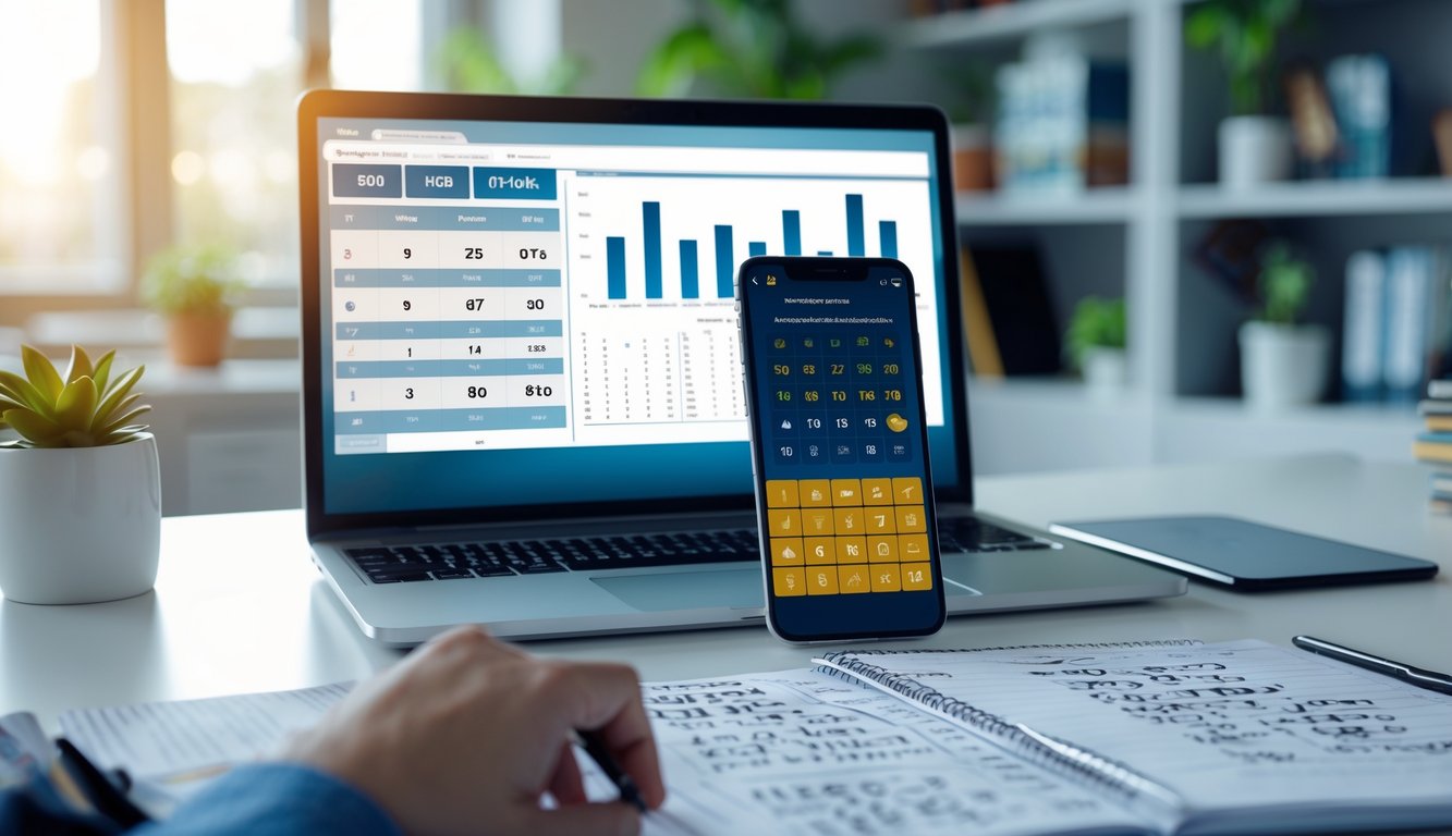 Meja kerja modern dengan laptop, ponsel, dan catatan berisi angka dan perhitungan untuk prediksi togel.