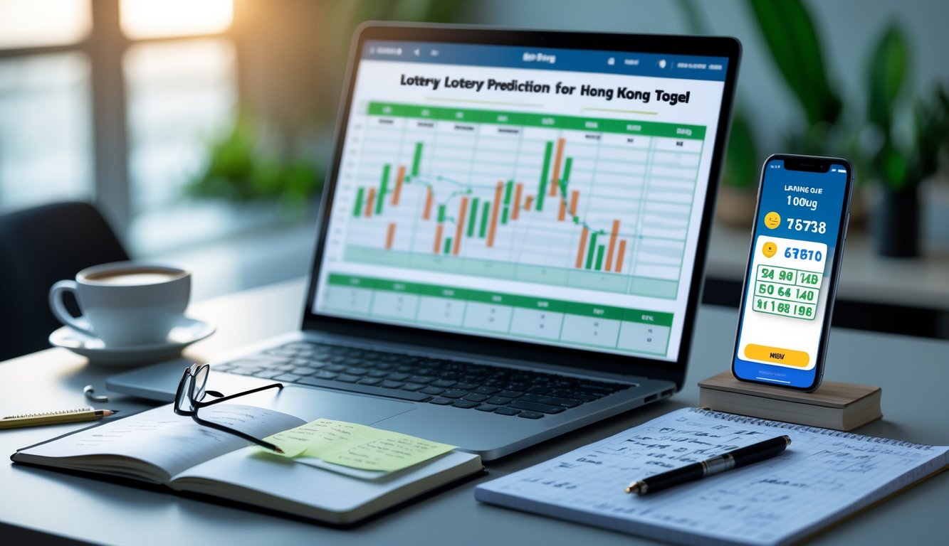 Meja kerja dengan laptop, smartphone, dan catatan yang menampilkan aktivitas prediksi angka togel Hong Kong.