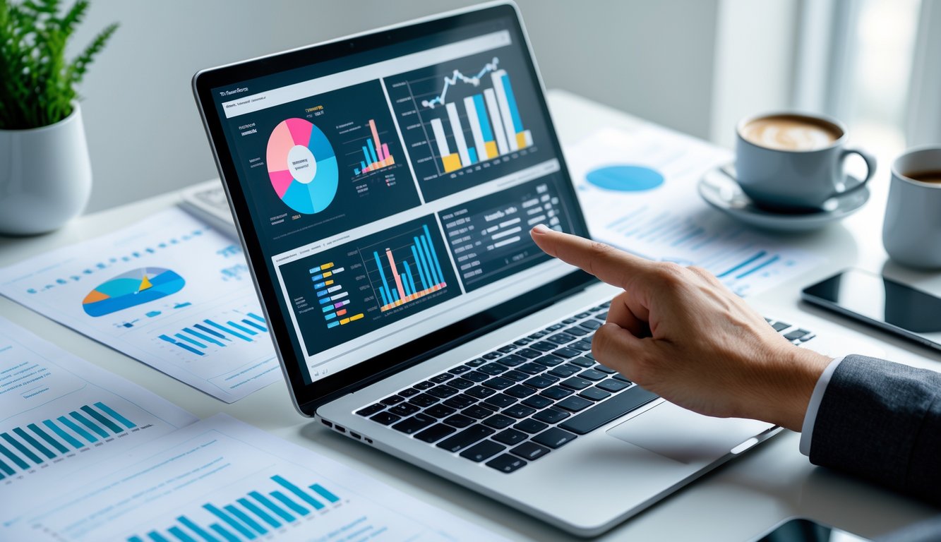 Sebuah ruang kerja modern dengan laptop yang menampilkan grafik dan data, tangan menunjuk layar, di sekitar ada kertas data, kopi, dan alat tulis.
