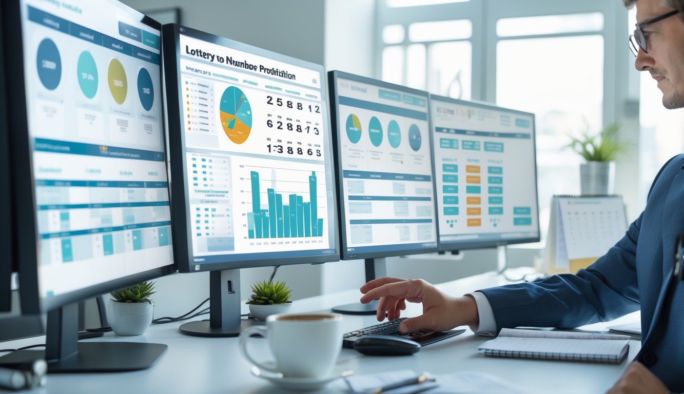 Seorang profesional sedang menganalisis data angka di depan beberapa layar komputer di ruang kerja modern.