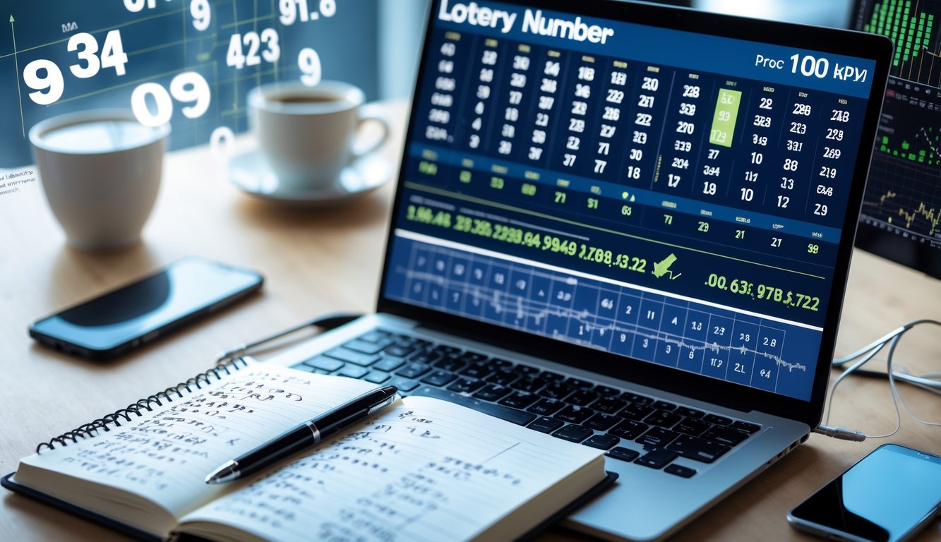 Meja kerja dengan laptop, buku catatan berisi perhitungan angka, dan alat tulis, menunjukkan suasana analisis angka togel.