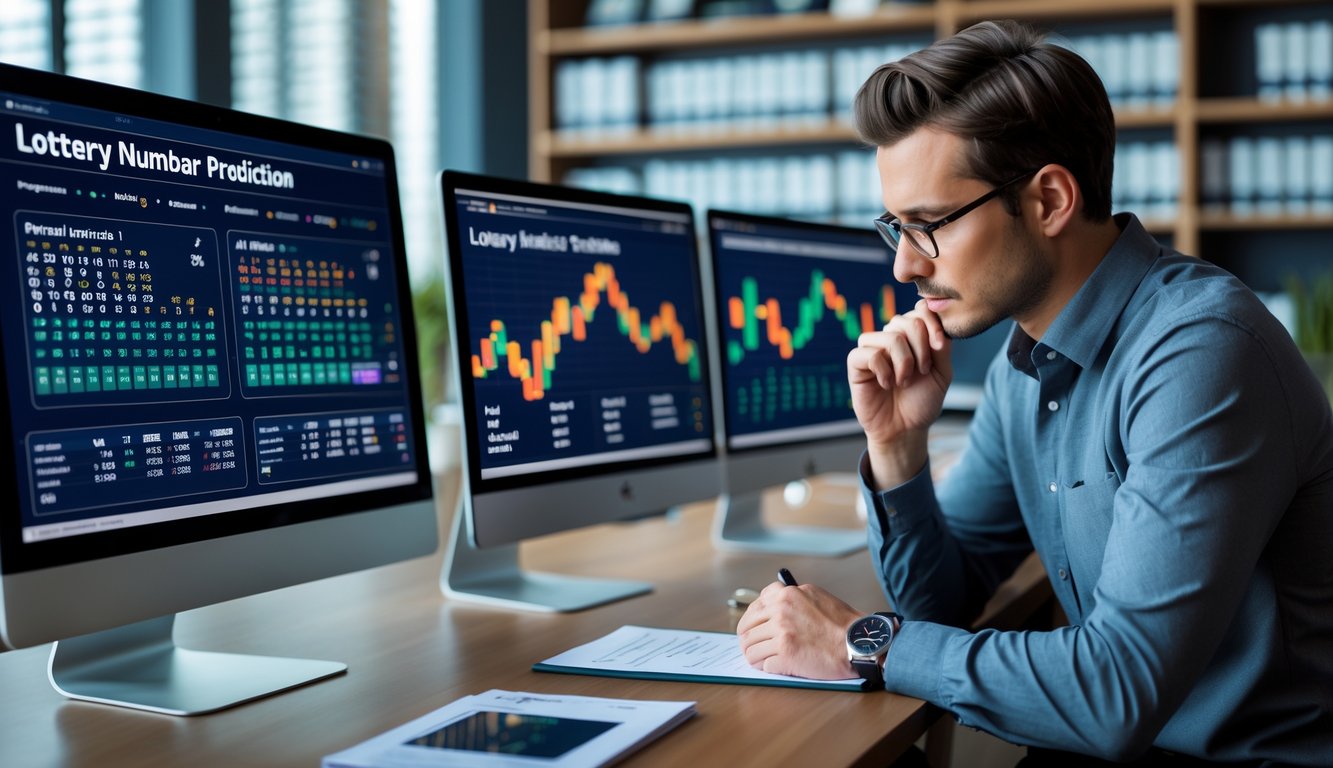 Seorang profesional sedang menganalisis data angka pada komputer di ruang kantor modern.