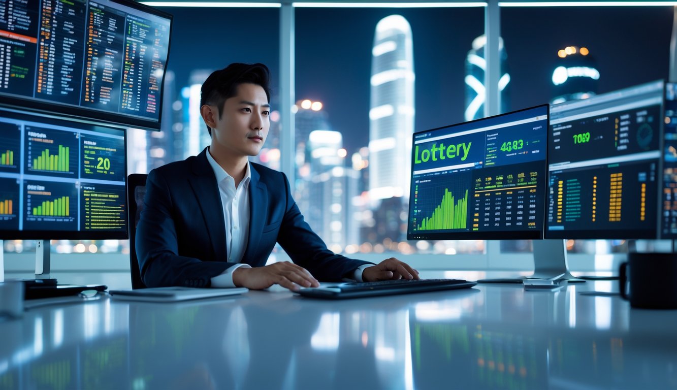 Seorang profesional bisnis Asia di kantor modern dengan layar digital menampilkan grafik dan data prediksi togel Hong Kong malam hari.