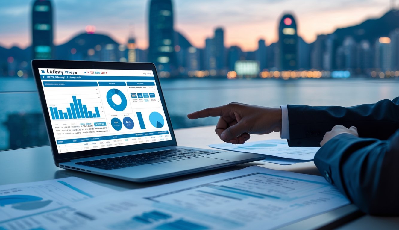 Meja kerja dengan laptop menampilkan data prediksi togel dan tangan menunjuk layar, latar belakang kota Hong Kong yang samar.