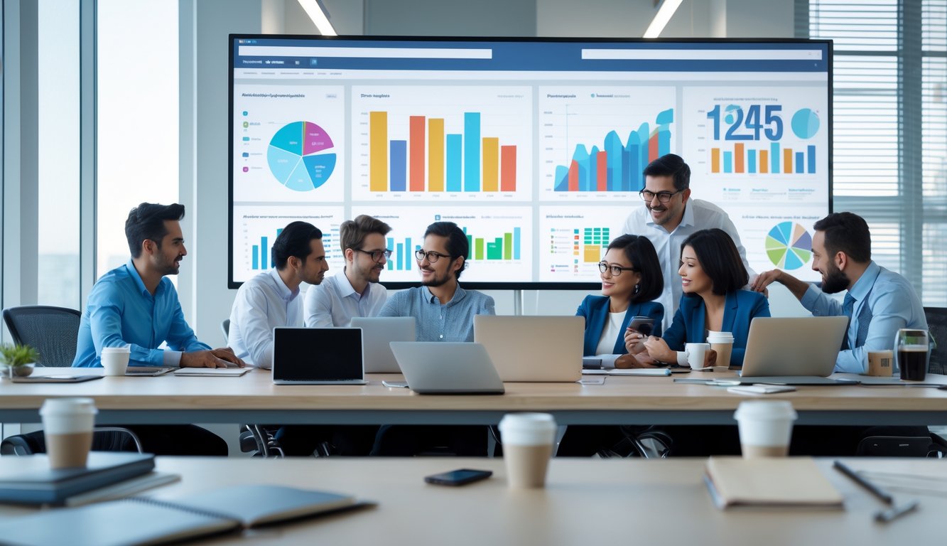 Orang-orang bekerja bersama di kantor dengan layar digital menampilkan grafik dan data statistik.