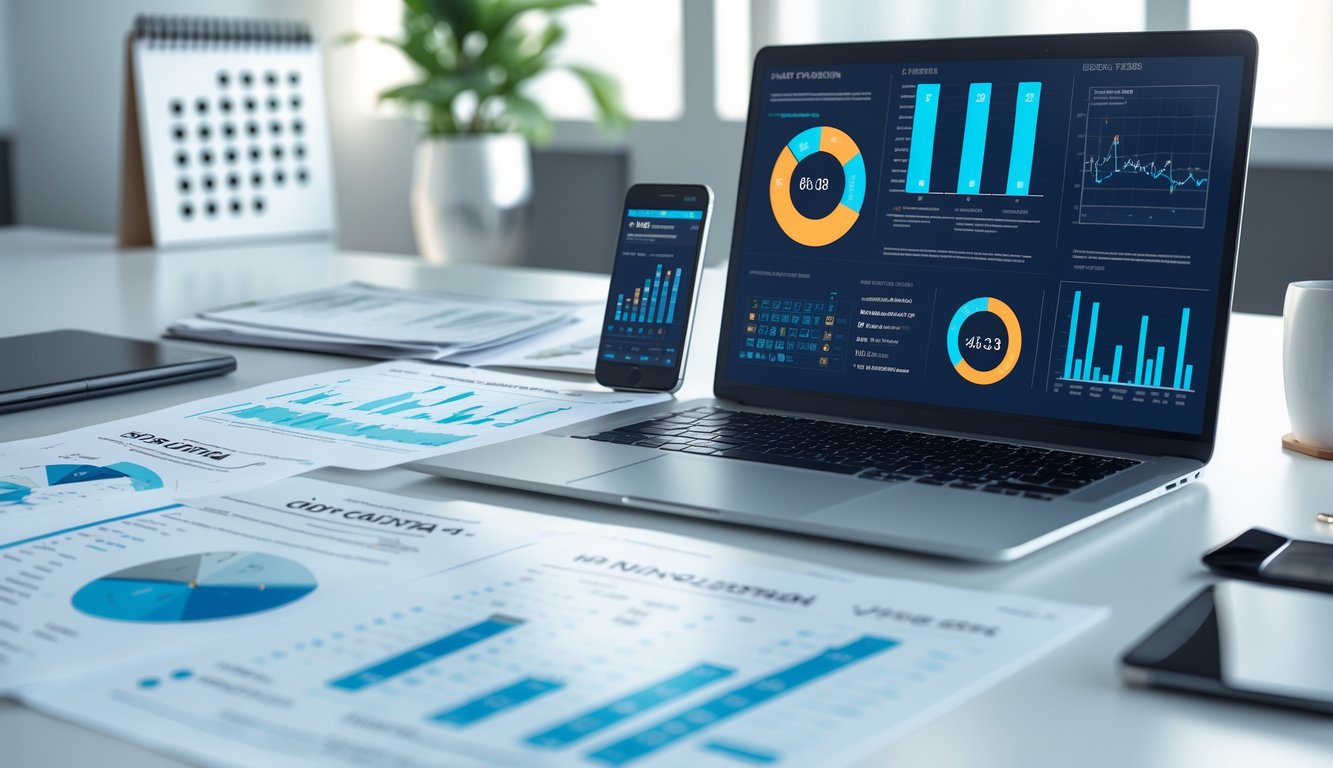 Meja kerja modern dengan laptop, smartphone, dan kertas berisi grafik dan statistik, menunjukkan suasana analisis data prediksi togel.