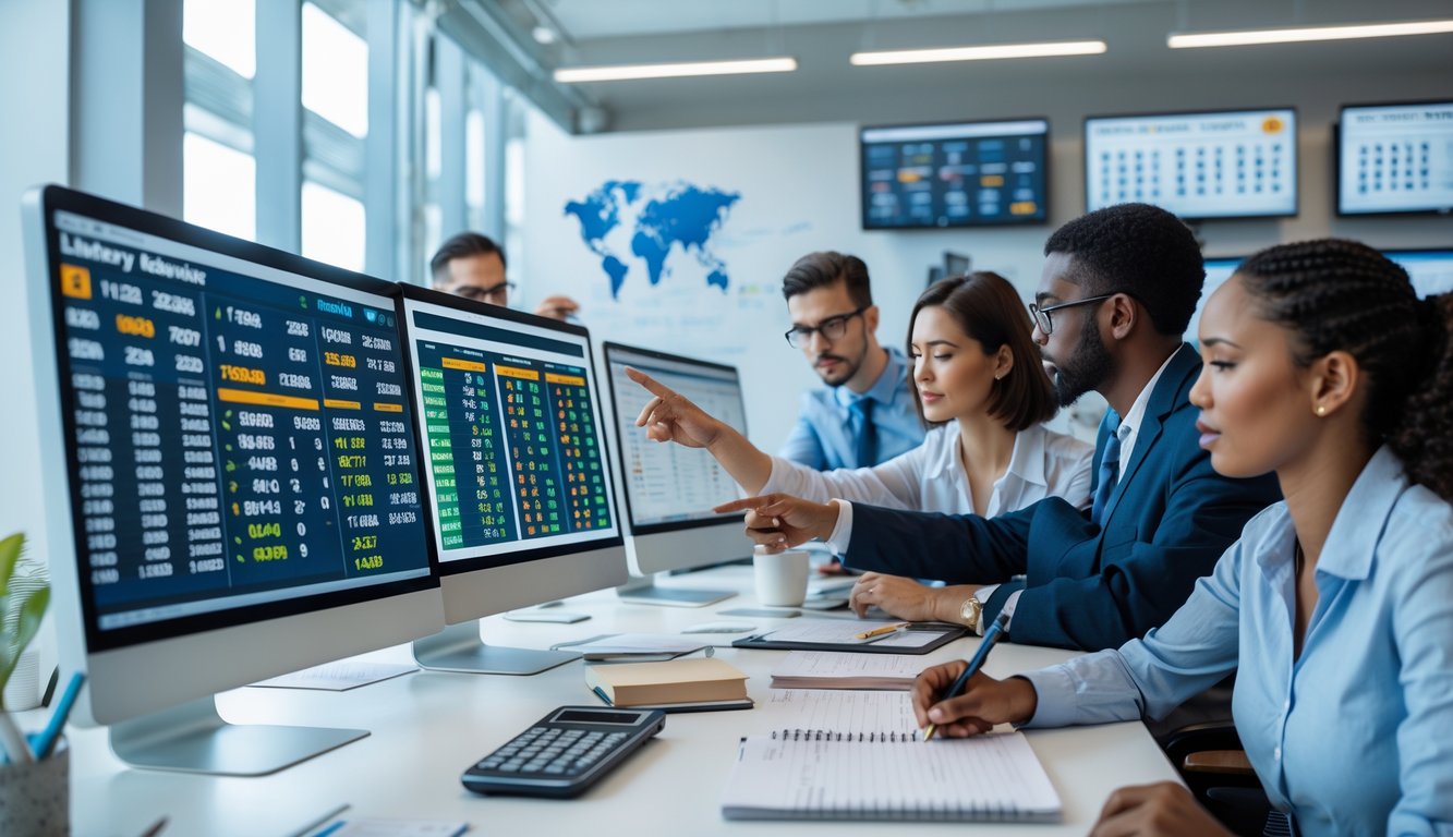 Sekelompok orang sedang bekerja bersama di kantor dengan layar komputer menampilkan data angka dan grafik, fokus pada analisis dan prediksi angka togel.