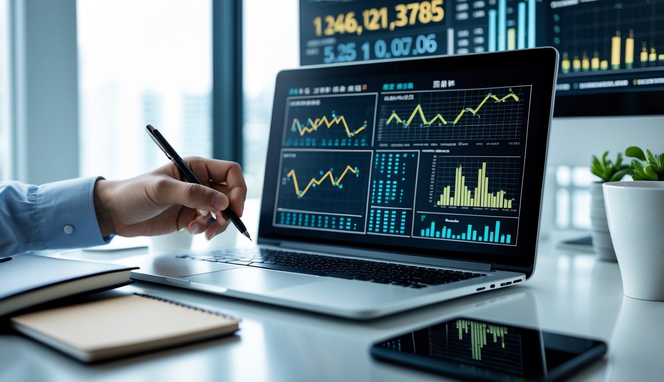 Seorang profesional sedang menganalisis data di meja kerja dengan laptop dan layar digital yang menampilkan grafik dan angka statistik.