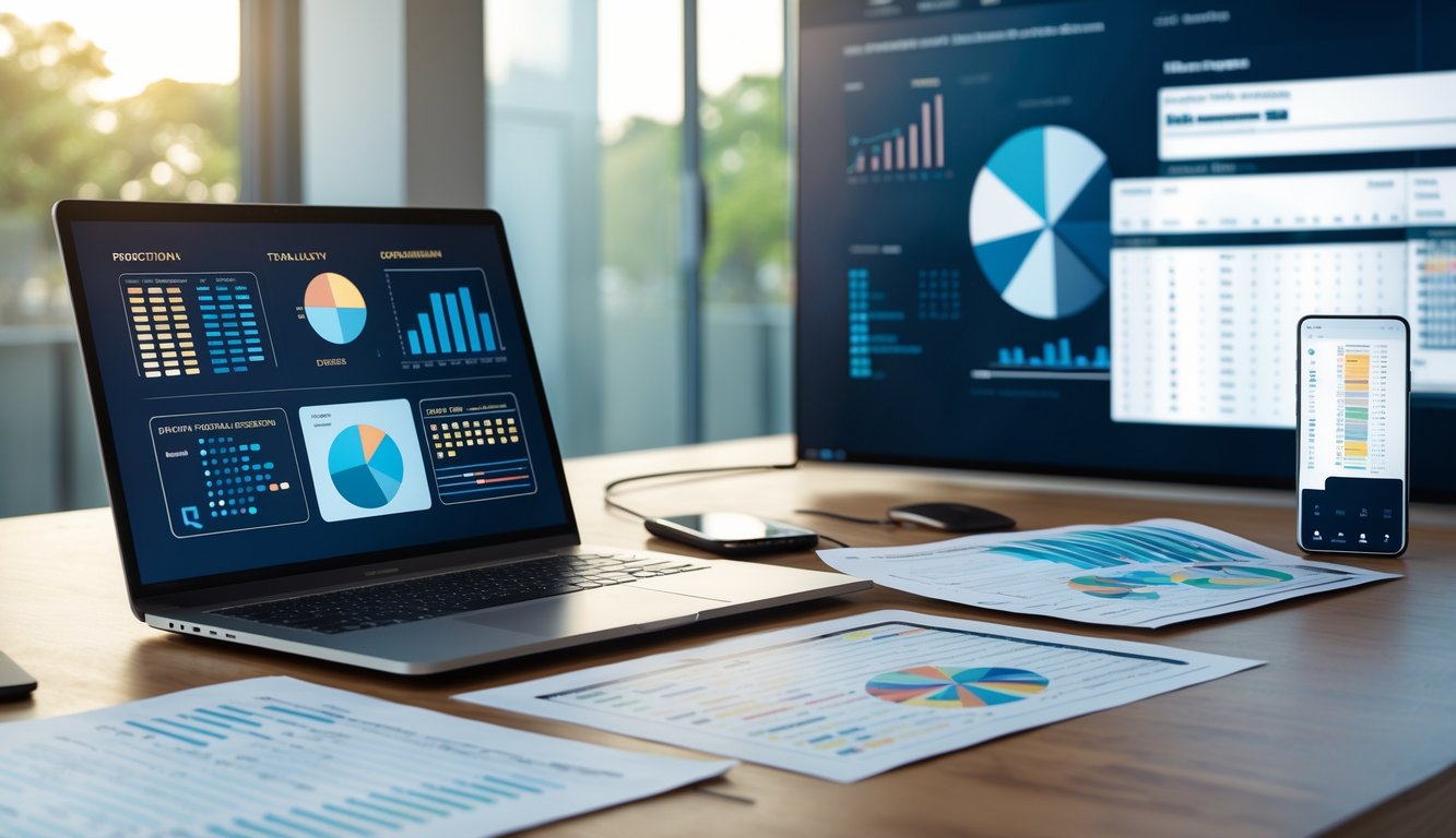 Meja kerja dengan laptop, ponsel, dan dokumen berisi data dan grafik untuk analisis prediksi togel.