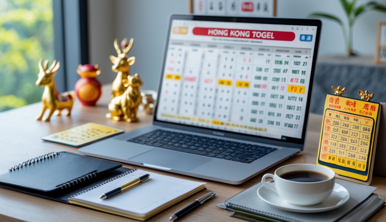 Meja kerja dengan laptop menampilkan grafik dan angka, buku catatan, pena, serta figur kecil hewan shio di sekitar, menggambarkan prediksi togel Hong Kong.