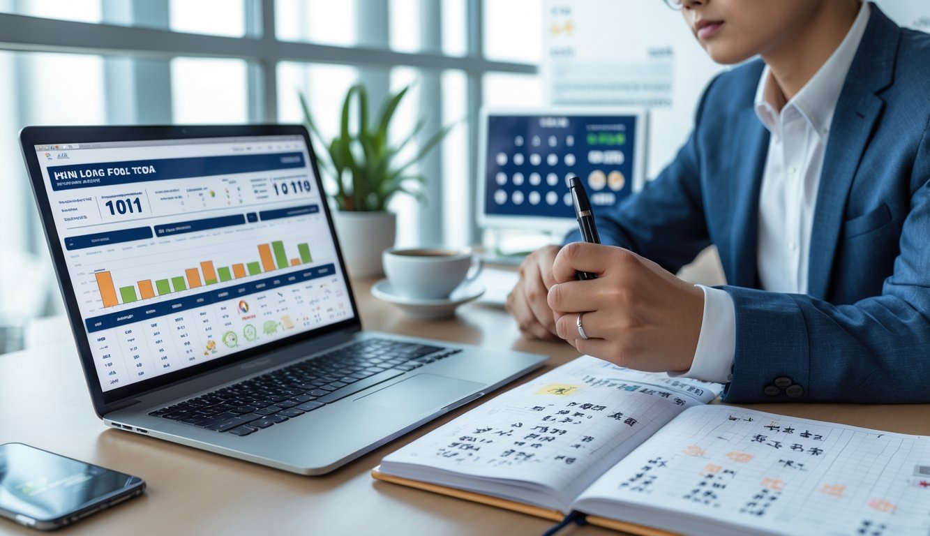 Seorang pria sedang menganalisis data angka togel Hong Kong di sebuah meja kerja dengan laptop dan catatan.