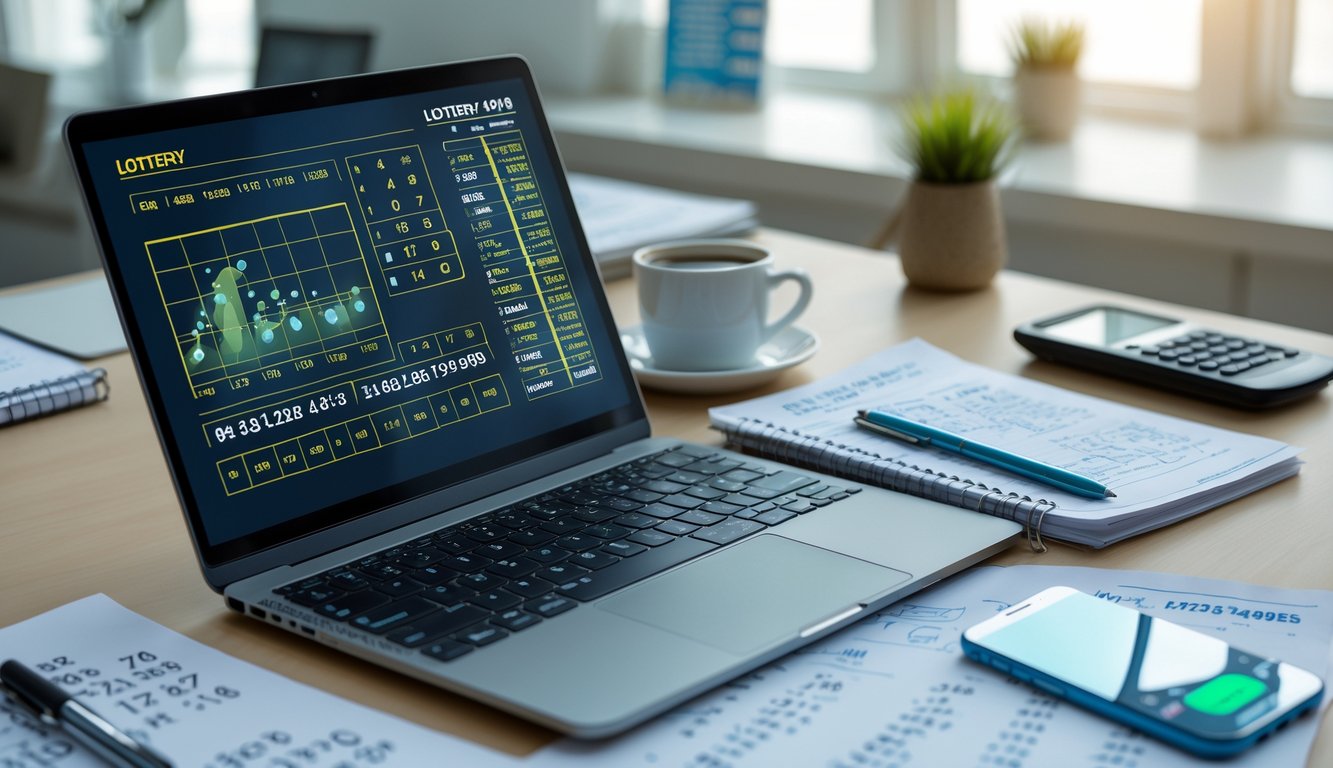 Meja kerja dengan laptop, buku catatan, dan ponsel yang menampilkan data angka untuk prediksi togel.